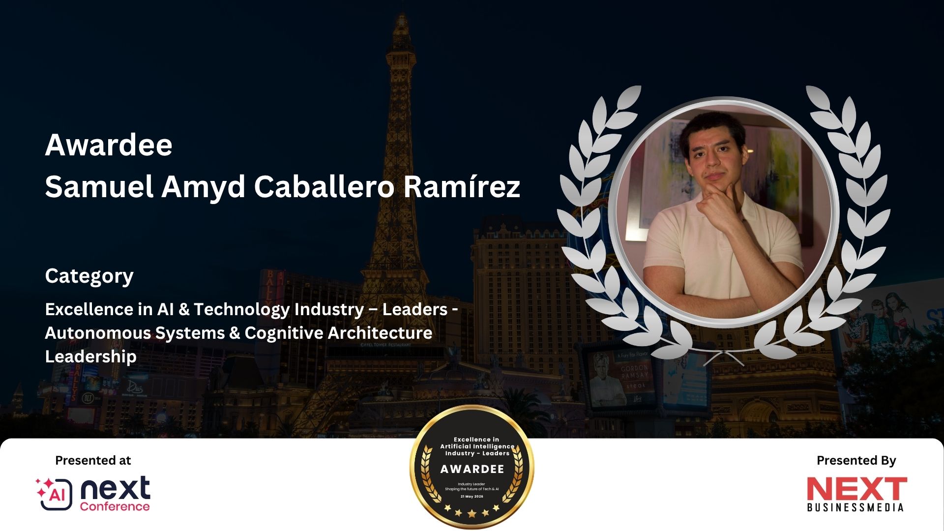 Samuel Amyd Caballero Ramírez Honored at AI Next Awards & Conference 2026 for Excellence in Autonomous Systems & Cognitive Architecture Leadership