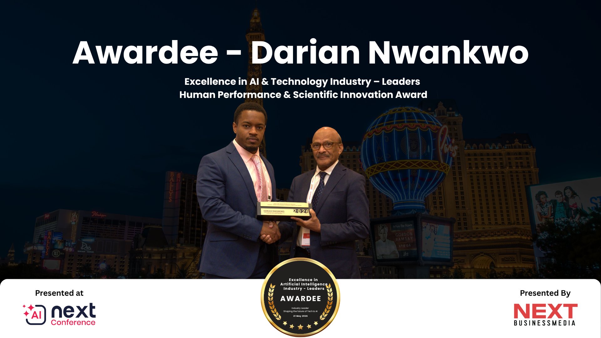 Darian Nwankwo Honored with Human Performance & Scientific Innovation Award at AI Next Awards & Conference 2026